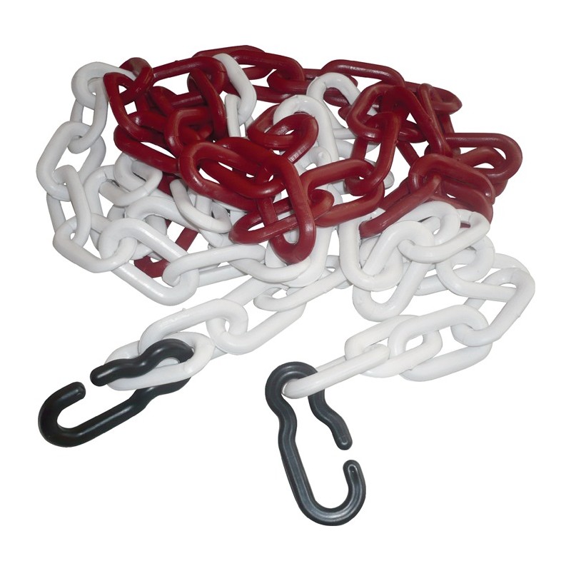 Chaîne de signalisation PP rouge/blanc 9 mm longueur 3 m avec 2 crochets universels Chaîne de signalisation PP rouge/blanc 9 mm longueur 3 m avec 2 crochets universels