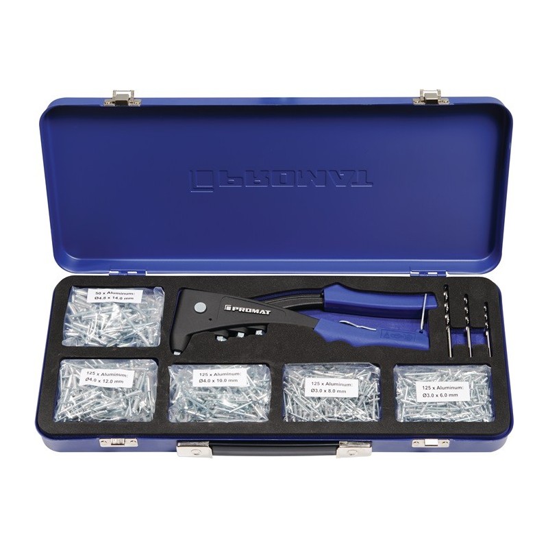 Assortiment de rivets POP 601 pièces pince 4000813025 et riv. av. alu/acier i. coffret en tôle