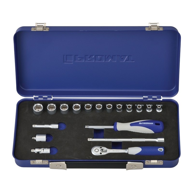 Coffret douilles 18 pièces 1/4 po. ouverture de clé 4-14 mm nombre de dents 20 6 pans PROMAT