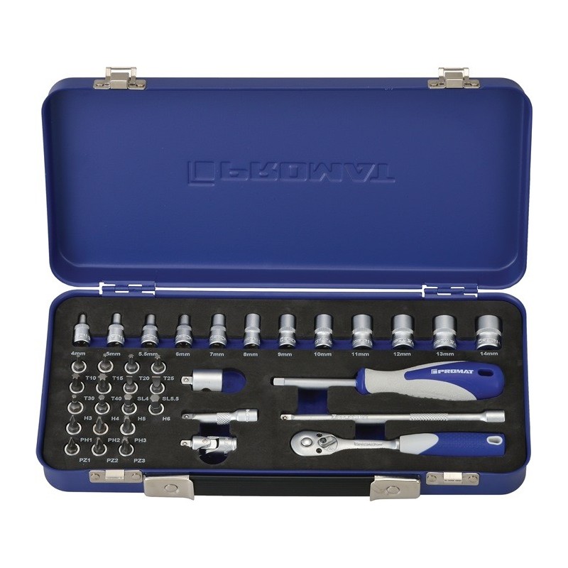 Coffret douilles 36 pièces 1/4 po. ouverture de clé 4-14 mm nombre de dents 20 6 pans PROMAT