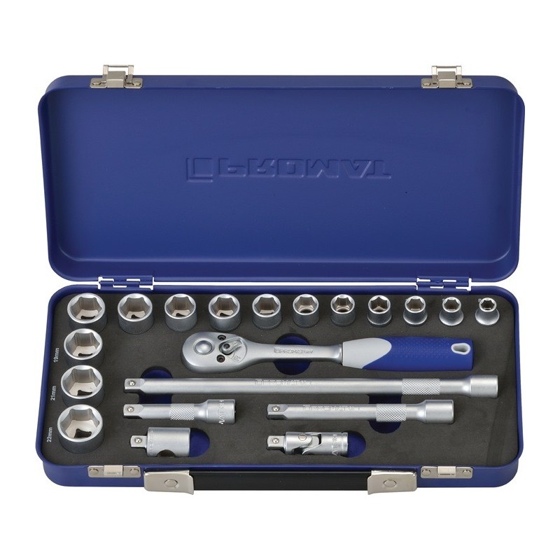 Coffret douilles 20 pièces 3/8 po. ouverture de clé 8-22 mm nombre de dents 30 6 pans PROMAT