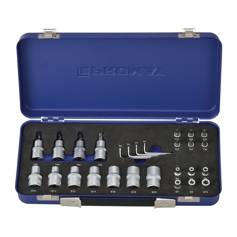 Coffret douilles 27 pièces 1/4 + 1/2 po. T10-T55/E4-E20 PROMAT