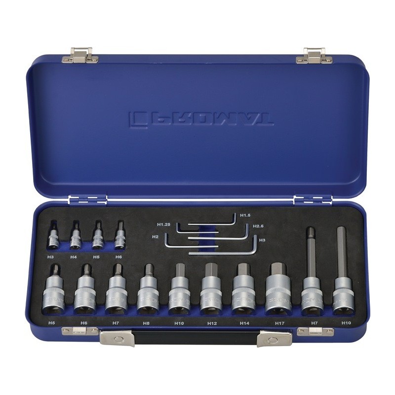 Coffret douilles 19 pièces 1/4 + 1/2 po. 1,25 - 17 mm pour 6 pans intérieurs PROMAT