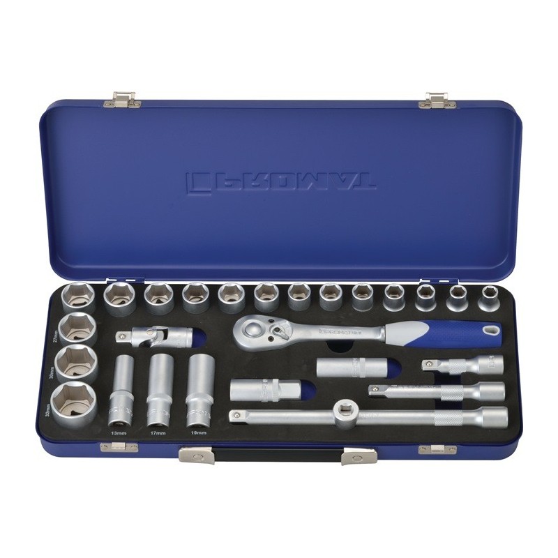 Coffret douilles 27 pièces 1/2 po. ouverture de clé 10-32 mm nombre de dents 36 6 pans PROMAT