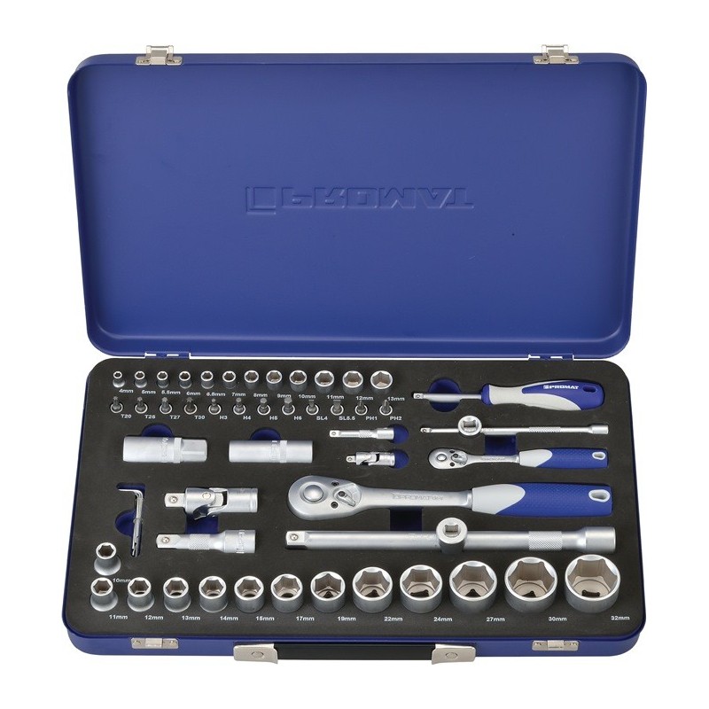 Coffret douilles 55 pièces 1/4 + 1/2 po. ouverture de clé 4-32 mm nombre de dents 20/36 6 pans PROMAT