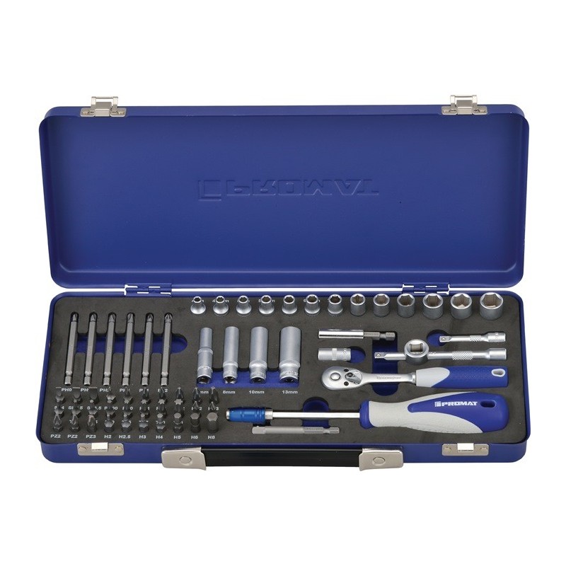 Coffret douilles 61 pièces 1/4 po. ouverture de clé 4-13 mm nombre de dents 20 6 pans PROMAT