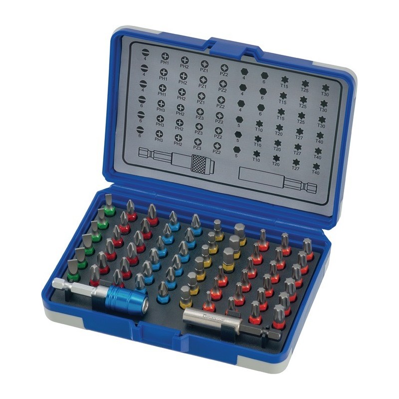 Coffret d'embouts 62 pièces fente/PH/PZD/TX/6 pans PROMAT