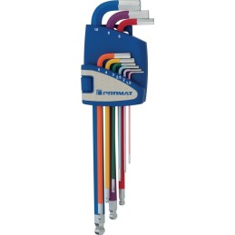 Jeu de clés mâles coudées 9 pcs. support en plastique SW 1,5-10 mm long codé couleur, tête sphérique PROMAT