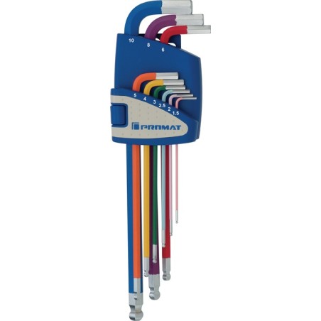 Jeu de clés mâles coudées 9 pcs. support en plastique SW 1,5-10 mm long codé couleur, tête sphérique PROMAT