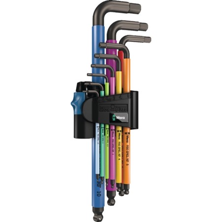Jeu de tournevis hexagonal 950 SPKL/9 SM HF 9 pcs. SW 1,5-10 mm long codé couleur, tête sphérique WERA