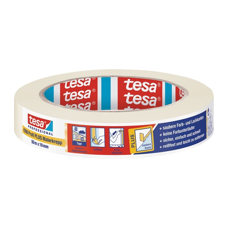 Bande de crêpon de peintre 4306 Profi PLUS légèrement crêpé beige clair longueur 50 m rouleau TESA Bande de crêpon de peintre 4306 Profi PLUS légèrement crêpé beige clair longueur 50 m rouleau TESA