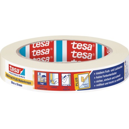 Bande de crêpon de peintre 4306 Profi PLUS légèrement crêpé beige clair longueur 50 m rouleau TESA