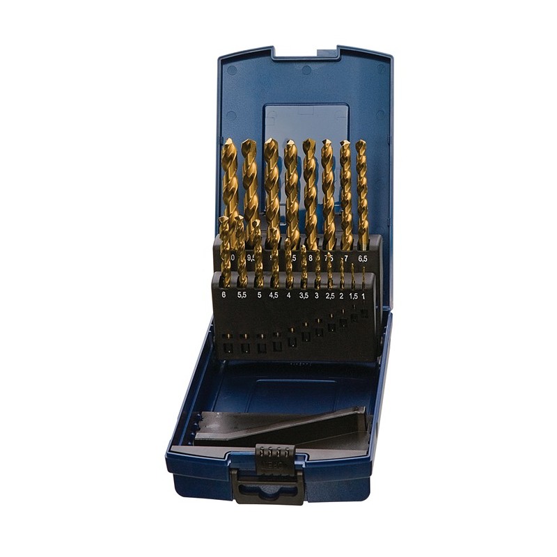 Jeu de forets hélicoïdaux DIN 338 type N D. nominal 1-5,9 x 0,1 mm HSS TiN 50 pièces coffret en plastique PROMAT Jeu de forets hélicoïdaux DIN 338 type N D. nominal 1-5,9 x 0,1 mm HSS TiN 50 pièces coffret en plastique PROMAT