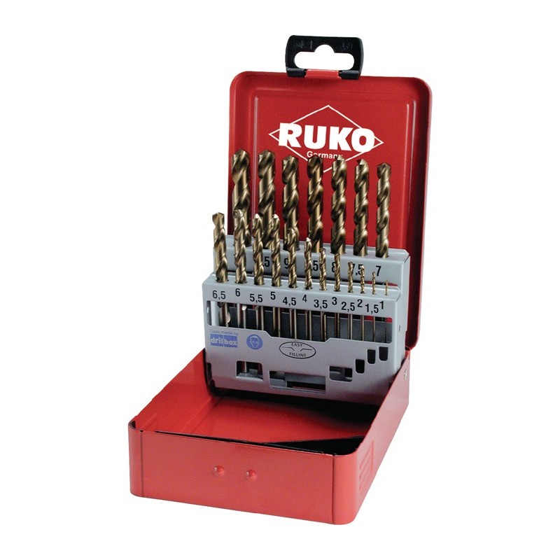 Jeu de forets hélicoïdaux DIN 338 Type inox HSS-Co5 coffret métal RUKO Jeu de forets hélicoïdaux DIN 338 Type inox HSS-Co5 coffret métal RUKO