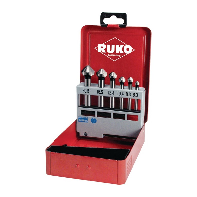 Jeu d'embouts à chanfreiner DIN 335 C 6 pièces coffret en métal RUKO Jeu d'embouts à chanfreiner DIN 335 C 6 pièces coffret en métal RUKO