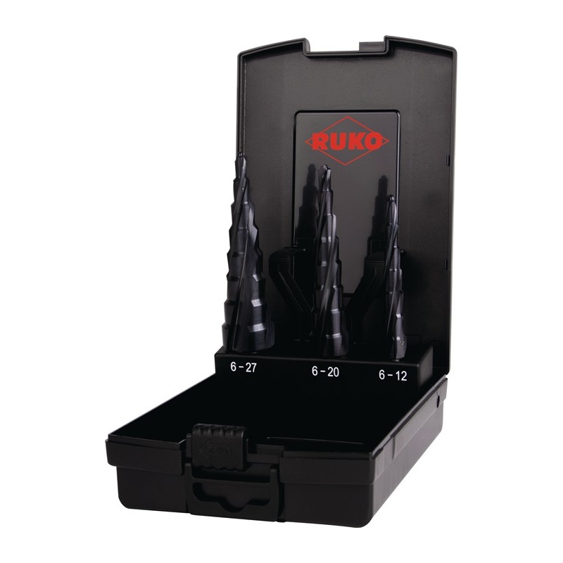 Jeu de forets étagés 3 pièces coffret en plastique RUKO Jeu de forets étagés 3 pièces coffret en plastique RUKO