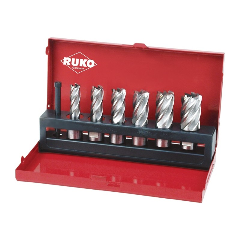 Set de carrotage 7 pièces D. 12-22 mm HSS profondeur de coupe 30 mm Weldon RUKO Set de carrotage 7 pièces D. 12-22 mm HSS profondeur de coupe 30 mm Weldon RUKO