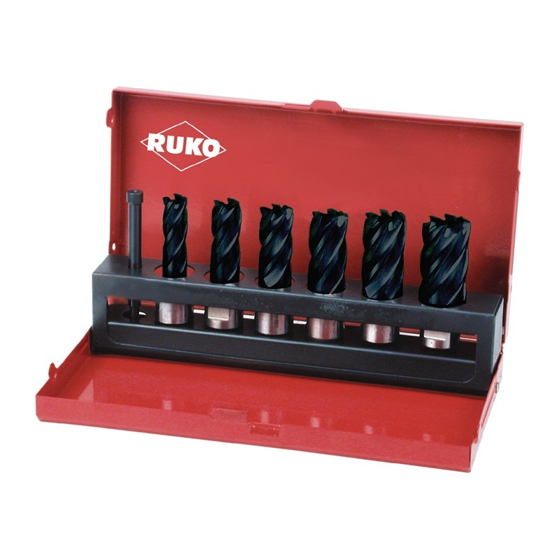 Set de carrotage 7 pièces D. 12-22 mm HSS-TiAlN profondeur de coupe 30 mm Weldon RUKO Set de carrotage 7 pièces D. 12-22 mm HSS-TiAlN profondeur de coupe 30 mm Weldon RUKO