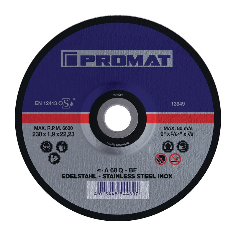 Disque à tronçonner INOX D115x1,5 mm droit INOX perçage 22,23 mm PROMAT Disque à tronçonner INOX D115x1,5 mm droit INOX perçage 22,23 mm PROMAT