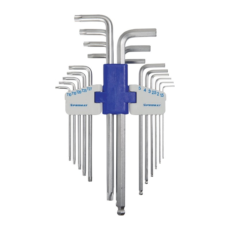 Jeu de clés mâles coudées 18 pcs. support en plastique Ouv. 1,5 - 10 mm - T10 - T50 Acier universel S2 long PROMAT Jeu de clés mâles coudées 18 pcs. support en plastique Ouv. 1,5 - 10 mm - T10 - T50 Acier universel S2 long PROMAT