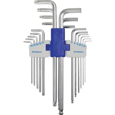Jeu de clés mâles coudées 18 pcs. support en plastique Ouv. 1,5 - 10 mm - T10 - T50 Acier universel S2 long PROMAT