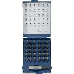 Assortiment d'embouts 31 pièces fente/PH/PZD/TX avec aimant et pince à clirclip PROMAT