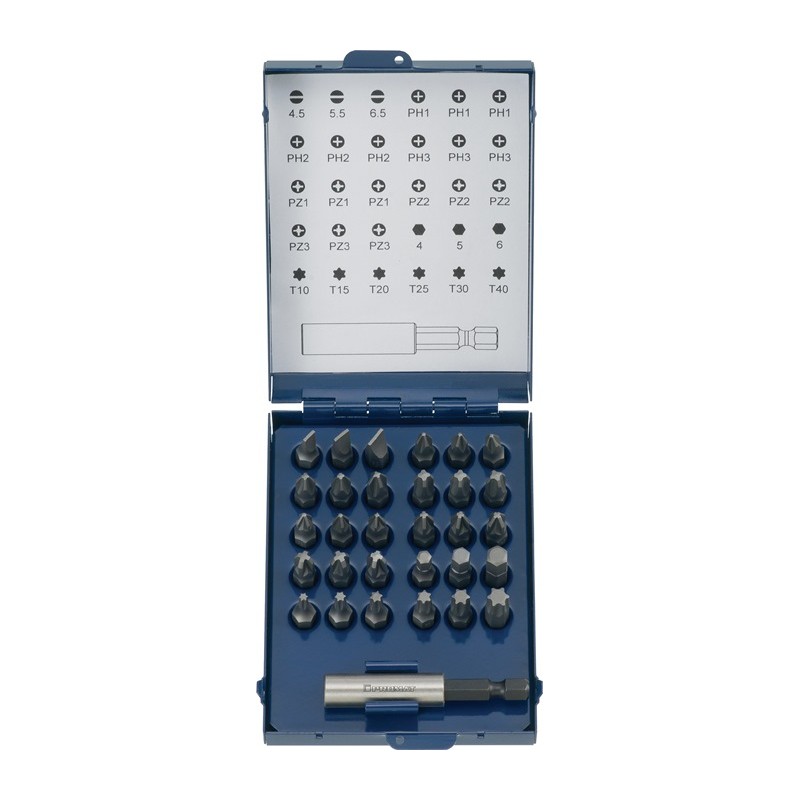 Assortiment d'embouts 31 pièces fente/PH/PZD/TX avec aimant et pince à clirclip PROMAT Assortiment d'embouts 31 pièces fente/PH/PZD/TX avec aimant et pince à clirclip PROMAT