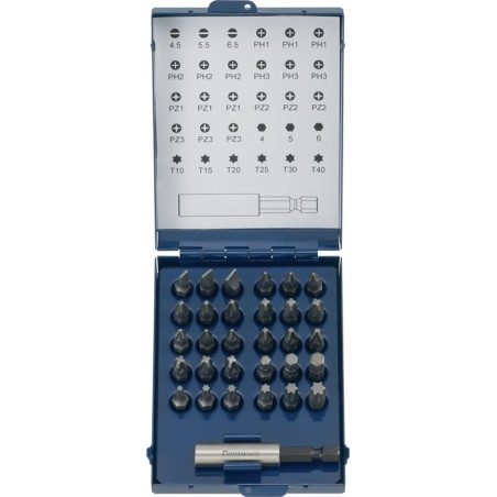 Assortiment d'embouts 31 pièces fente/PH/PZD/TX avec aimant et pince à clirclip PROMAT