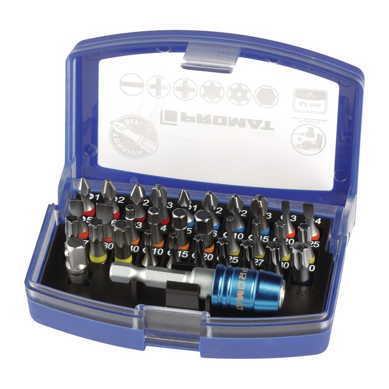 Assortiment d'embouts 32 pièces fente/PH/PZD/TX/TX-BO/6 pans embouts torsion PROMAT Assortiment d'embouts 32 pièces fente/PH/PZD/TX/TX-BO/6 pans embouts torsion PROMAT
