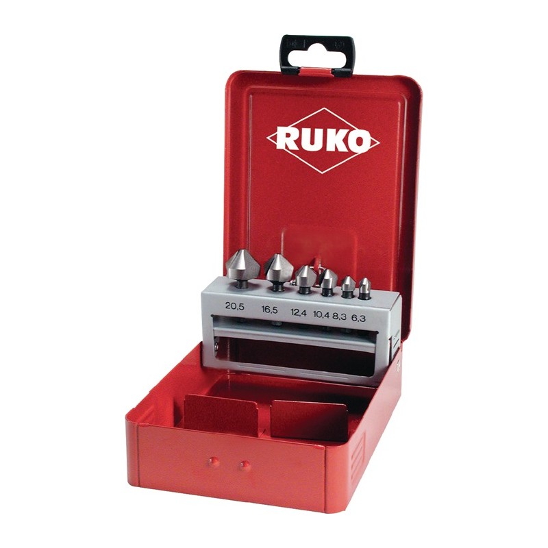 Jeu d'embouts à chanfreiner 7 pièces taille 6,3-20,5 mm 90 degr. HSS Coffret en métal RUKO Jeu d'embouts à chanfreiner 7 pièces taille 6,3-20,5 mm 90 degr. HSS Coffret en métal RUKO
