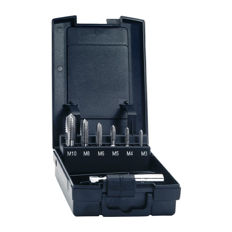 Jeu d'embouts de taraudage 7 pièces HSSG 1/4 po. 6 pans boîte en plastique EXACT Jeu d'embouts de taraudage 7 pièces HSSG 1/4 po. 6 pans boîte en plastique EXACT