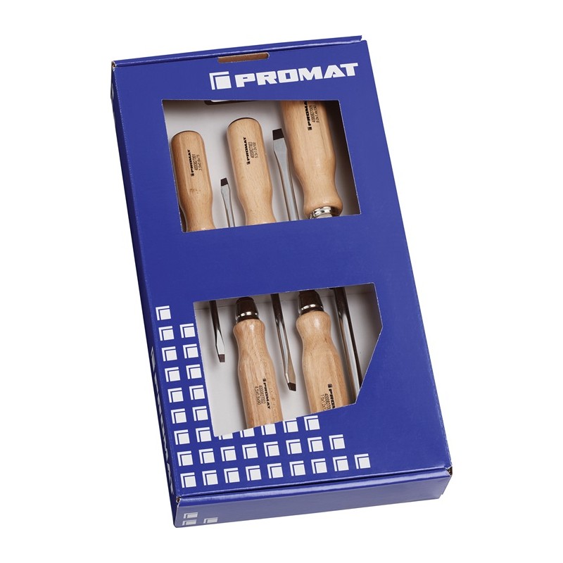 Jeu de tournevis 5 pièces fente manche en bois lame ronde avec embout 6 pans PROMAT Jeu de tournevis 5 pièces fente manche en bois lame ronde avec embout 6 pans PROMAT