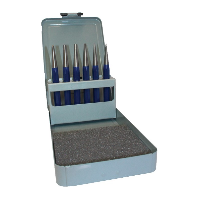 Jeu de chasse-pointes 6 pièces 1-2-3-4-5 +D. pointeau 4 mm Coffret en métal PROMAT Jeu de chasse-pointes 6 pièces 1-2-3-4-5 +D. pointeau 4 mm Coffret en métal PROMAT