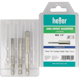 Foret à Grès Cérame CERA Expert Accuspeed 3 pièces D. 6, 8, 10 mm tige 6 pans HELLER