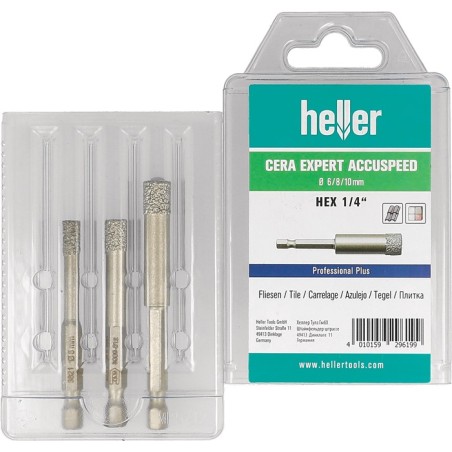 Foret à Grès Cérame CERA Expert Accuspeed 3 pièces D. 6, 8, 10 mm tige 6 pans HELLER