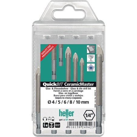 Forets Céramique QuickBit® Ceramik Master 5 pièces D. 4, 5, 6, 8, 10 mm tige 6 pans HELLER