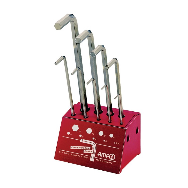 Jeu de clés mâles coudées 911L-WM9 9 pcs. support datelier SW 2,5-14 mm long acier CV AMF Jeu de clés mâles coudées 911L-WM9 9 pcs. support datelier SW 2,5-14 mm long acier CV AMF