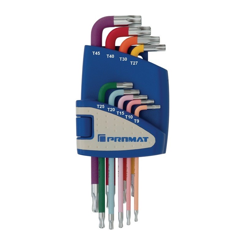 Set de clés mâles coudées 9 pces T9 - T45 codé couleur Récipient en plastique PROMAT Set de clés mâles coudées 9 pces T9 - T45 codé couleur Récipient en plastique PROMAT