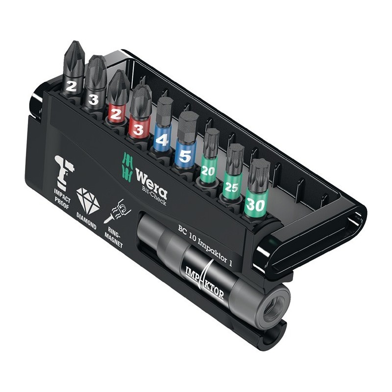 Assortiment d’embouts Bit-Check 10 Impaktor 1 10-pces PH/PZD/T/6pans porte-outils chang.rapide diamanté WERA Assortiment d’embouts Bit-Check 10 Impaktor 1 10-pces PH/PZD/T/6pans porte-outils chang.rapide diamanté WERA