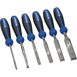 Jeu de ciseaux à bois 6,10,12,16,20,26 mm Poignée bicomposant av. bouton de frappe 6 pièces carton PROMAT