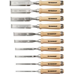 Jeu de ciseaux à bois 6,8,10,12,16,20,22,24,26,30 mm manche en hêtre blanc forme Ulm 10 pièces carton PROMAT