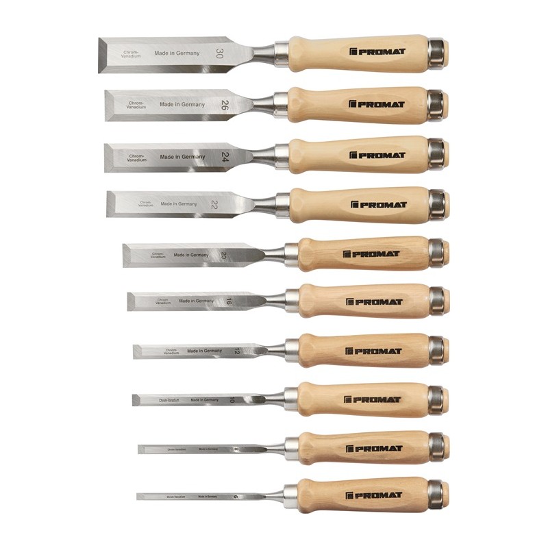 Jeu de ciseaux à bois 6,8,10,12,16,20,22,24,26,30 mm manche en hêtre blanc forme Ulm 10 pièces carton PROMAT Jeu de ciseaux à bois 6,8,10,12,16,20,22,24,26,30 mm manche en hêtre blanc forme Ulm 10 pièces carton PROMAT