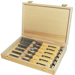 Jeu de ciseaux à bois 6,10,12,16,20,26 mm manche en hêtre blanc forme Ulm 6 pièces coffret de bois PROMAT