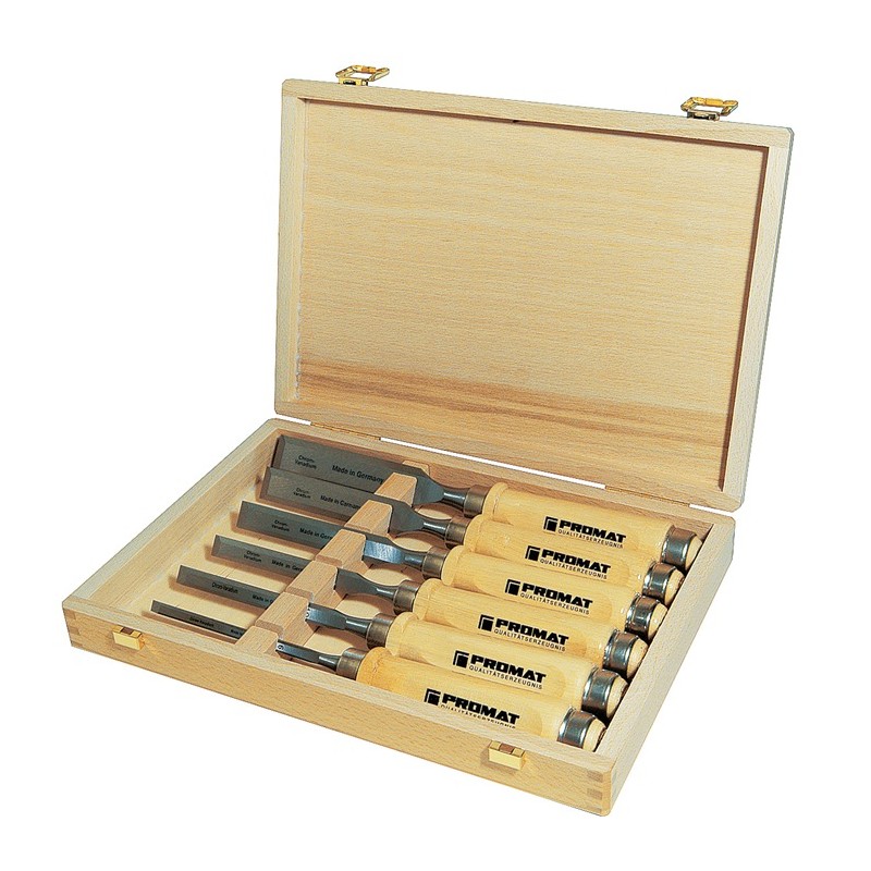 Jeu de ciseaux à bois 6,10,12,16,20,26 mm manche en hêtre blanc forme Ulm 6 pièces coffret de bois PROMAT Jeu de ciseaux à bois 6,10,12,16,20,26 mm manche en hêtre blanc forme Ulm 6 pièces coffret de bois PROMAT