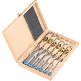 Jeu de ciseaux à bois 6,10,12,16,20,26 mm manche en hêtre blanc forme Ulm 6 pièces coffret de bois KIRSCHEN
