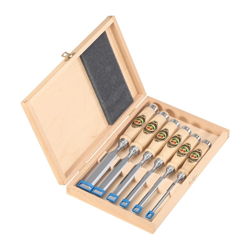 Jeu de ciseaux à bois 6,10,12,16,20,26 mm manche en hêtre blanc forme Ulm 6 pièces coffret de bois KIRSCHEN Jeu de ciseaux à bois 6,10,12,16,20,26 mm manche en hêtre blanc forme Ulm 6 pièces coffret de bois KIRSCHEN