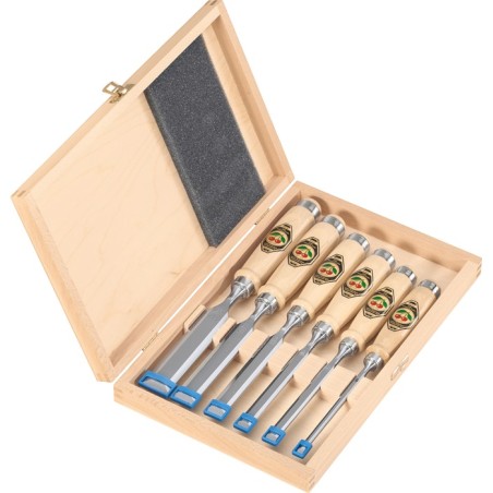 Jeu de ciseaux à bois 6,10,12,16,20,26 mm manche en hêtre blanc forme Ulm 6 pièces coffret de bois KIRSCHEN