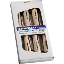 Jeu de ciseaux à bois 6,10,12,16,20,26 mm manche en hêtre blanc forme Ulm 6 pièces carton PROMAT