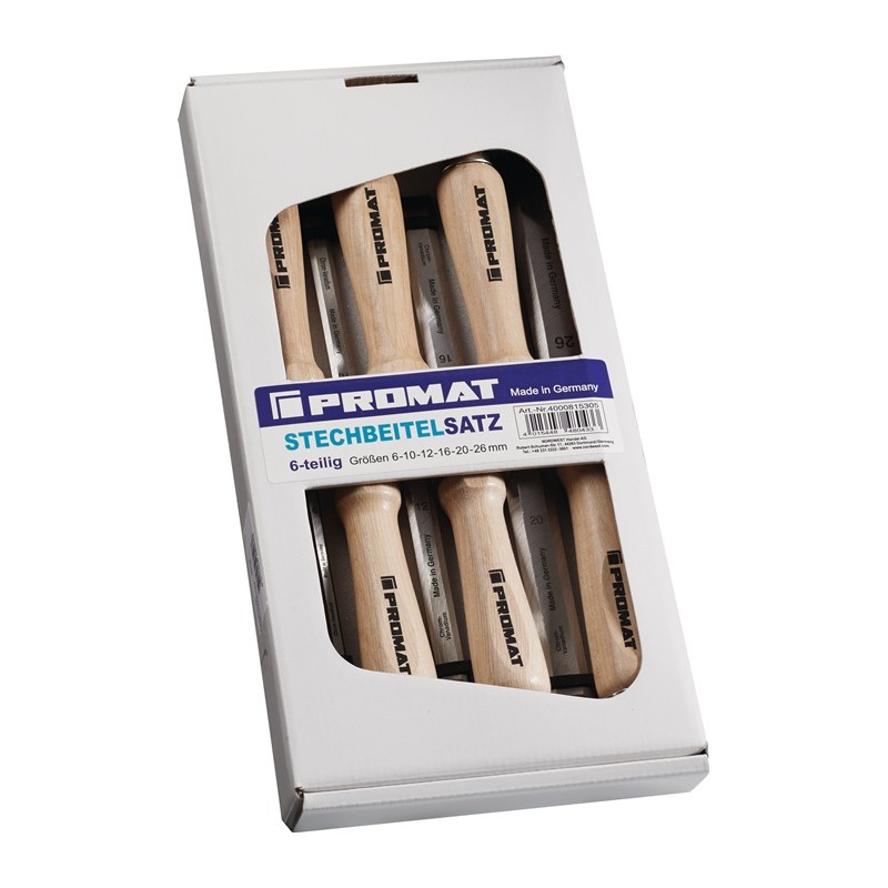 Jeu de ciseaux à bois 6,10,12,16,20,26 mm manche en hêtre blanc forme Ulm 6 pièces carton PROMAT Jeu de ciseaux à bois 6,10,12,16,20,26 mm manche en hêtre blanc forme Ulm 6 pièces carton PROMAT