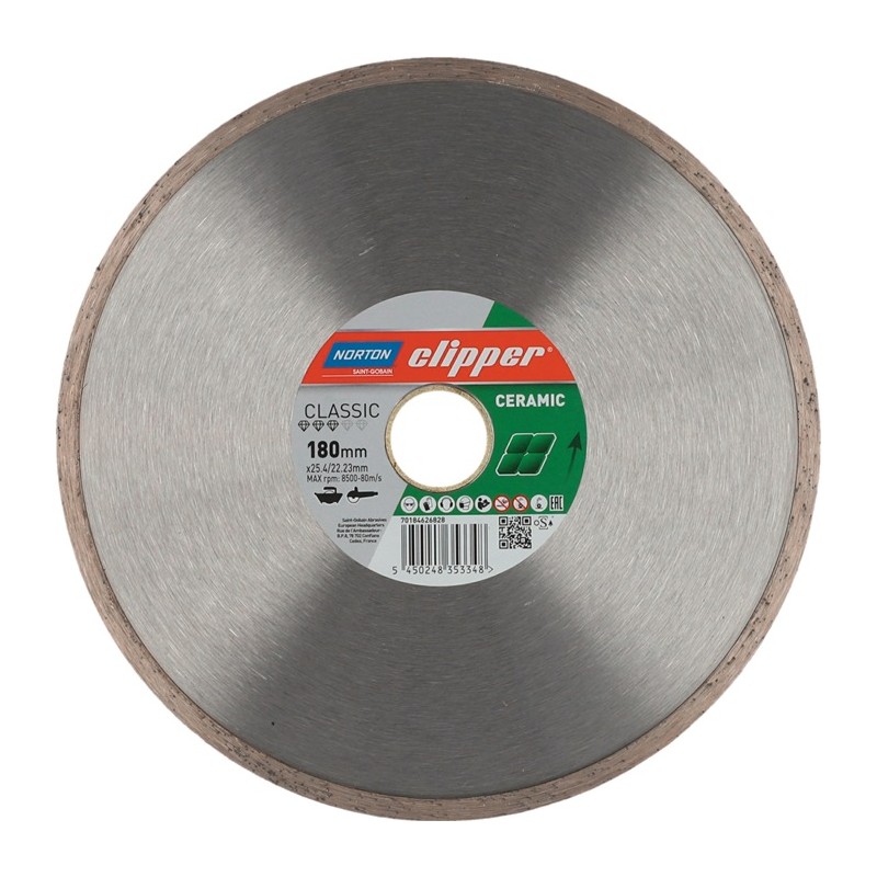 Disque à tronçonner diamant Classic Ceram D. 180 mm perçage 25,4 / 22,23 mm 1,7 mm 7 mm NORTON CLIPPER Disque à tronçonner diamant Classic Ceram D. 180 mm perçage 25,4 / 22,23 mm 1,7 mm 7 mm NORTON CLIPPER
